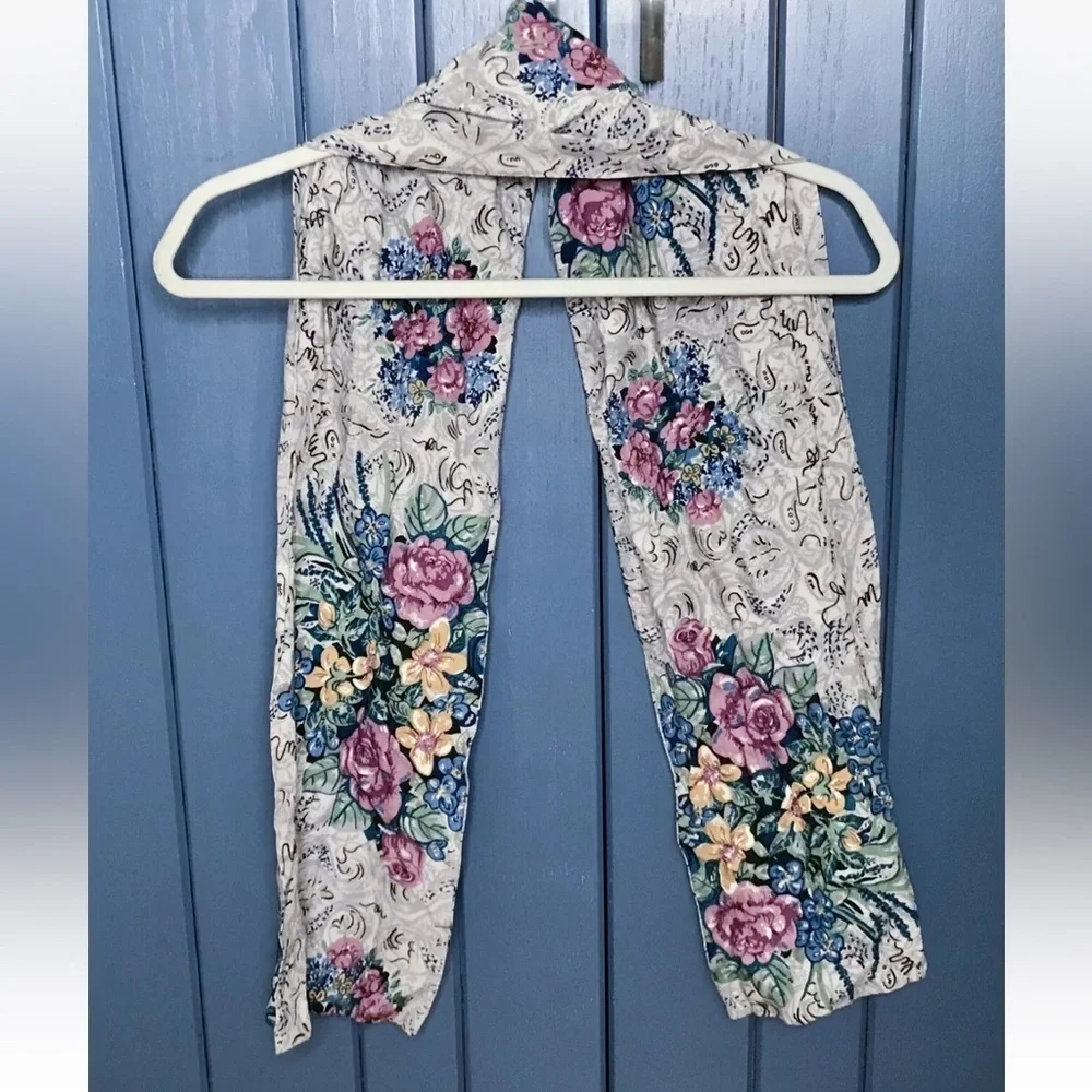 Floral Bouquet Rayon Scarf Pink Blue Yellow Flowers Poland Cottage Core Romance